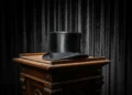 Top hat on lectern with velvet background