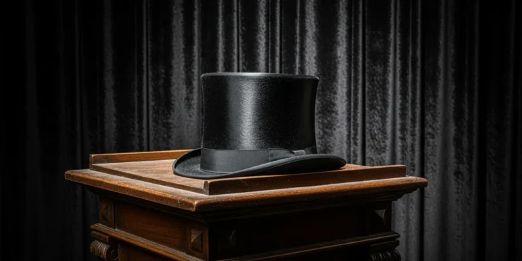 Top hat on lectern with velvet background