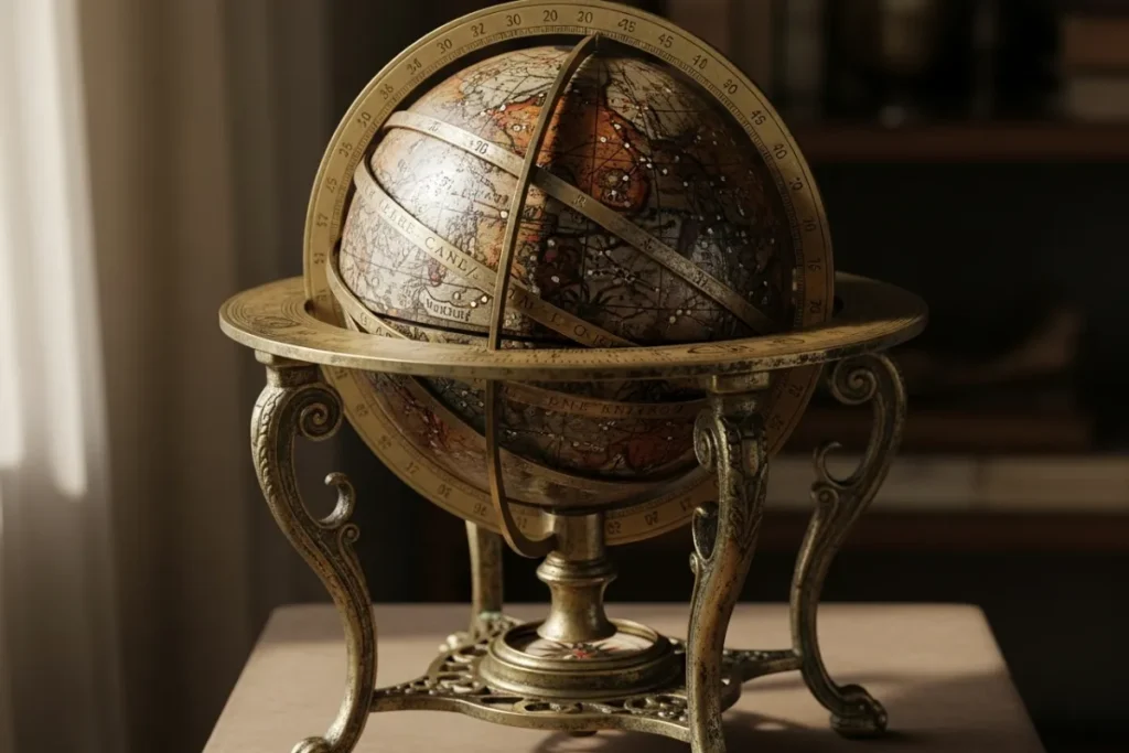 The Forgotten Map: The Secret History of Globe and Western Domination Ancient celestial globe on a brass stand