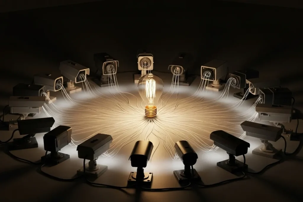 The Dark Glow of the History of the Lightbulb: Illumination, Surveillance, and Resistance Bulb shining on surveillance cameras