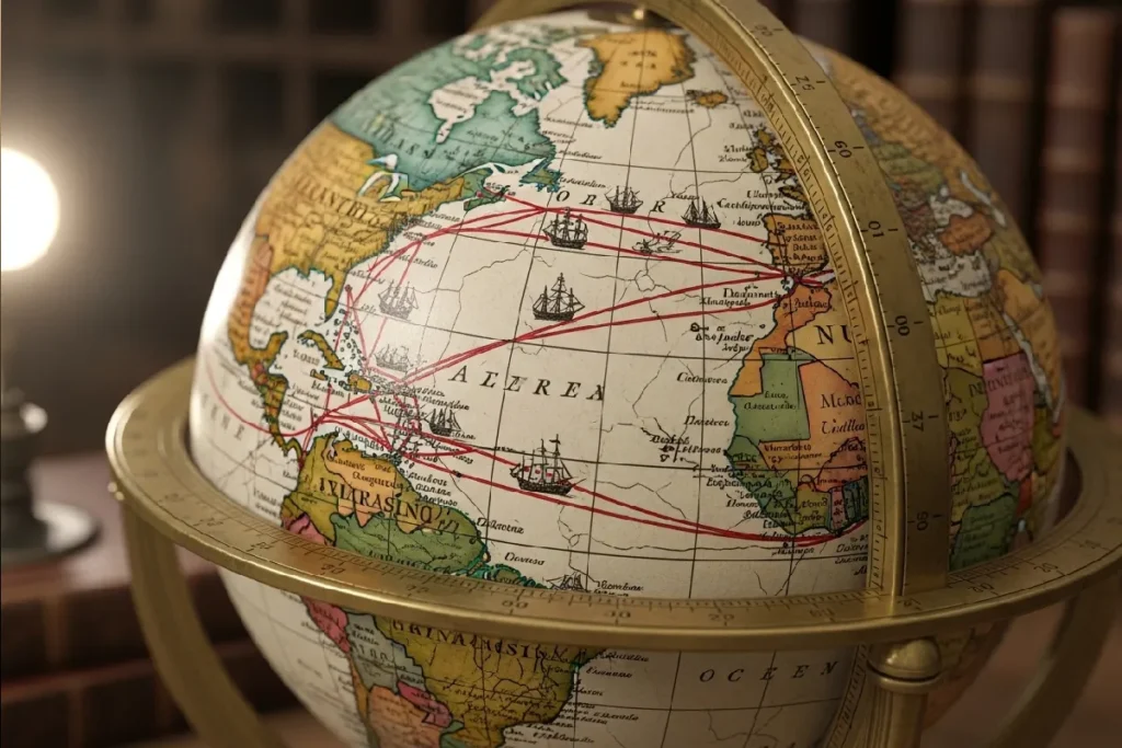 The Forgotten Map: The Secret History of Globe and Western Domination Close-up of a historical globe showing colonial trade routes
