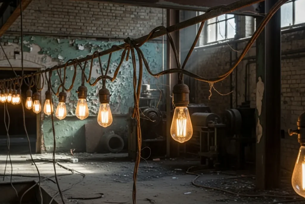 The Dark Glow of the History of the Lightbulb: Illumination, Surveillance, and Resistance Exposed bulbs in derelict factory setting