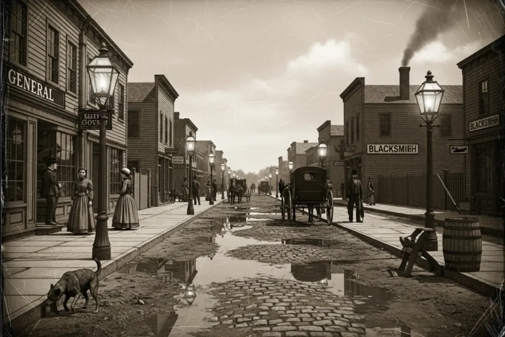 The Radical History of Sidewalks: When Walking Was a Crime Old photograph-style illustration of an early American sidewalks