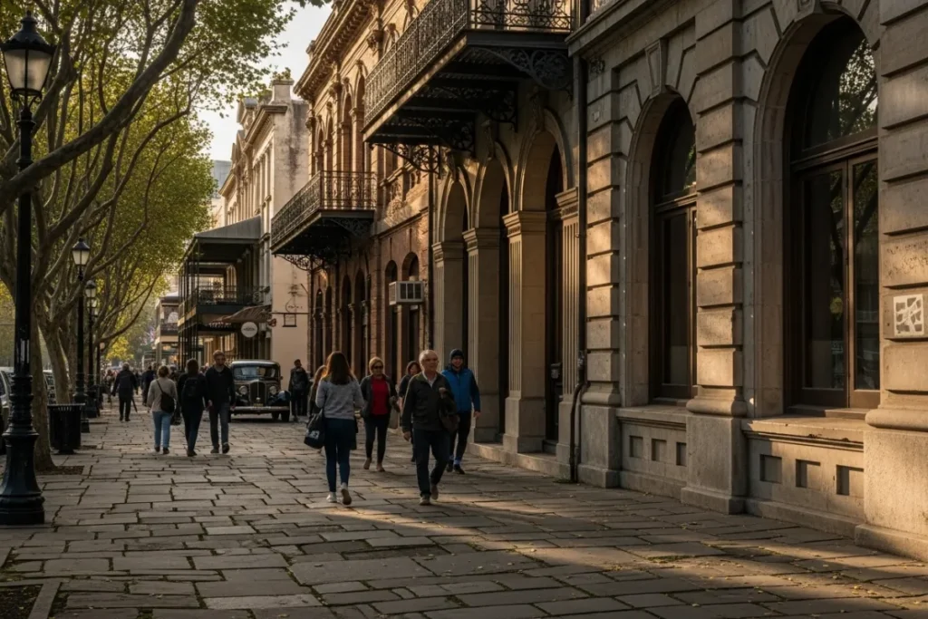 The Radical History of Sidewalks: When Walking Was a Crime Sidewalk alongside vintage buildings with historical textures