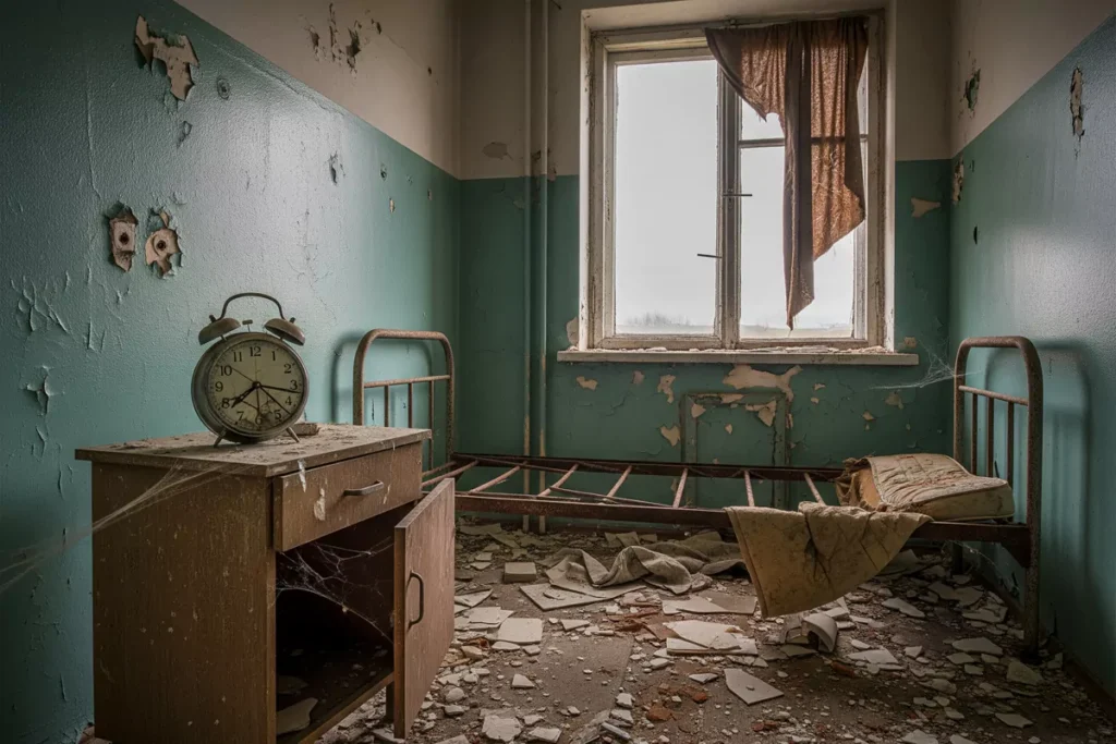 The Alarm Clock’s Tyranny: The History of the Alarm Clock and the Manufacture of Modern Time clock in empty dorm room.
