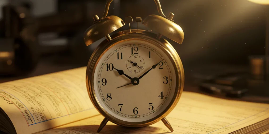 The Alarm Clock’s Tyranny: The History of the Alarm Clock and the Manufacture of Modern Time mechanical alarm clock on ledger.