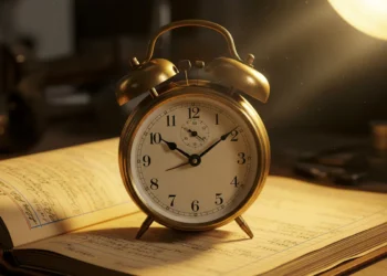 mechanical alarm clock on ledger.