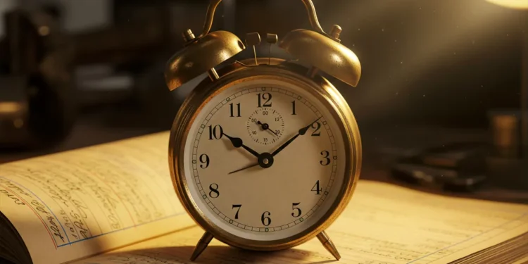 The Alarm Clock’s Tyranny: The History of the Alarm Clock and the Manufacture of Modern Time mechanical alarm clock on ledger.