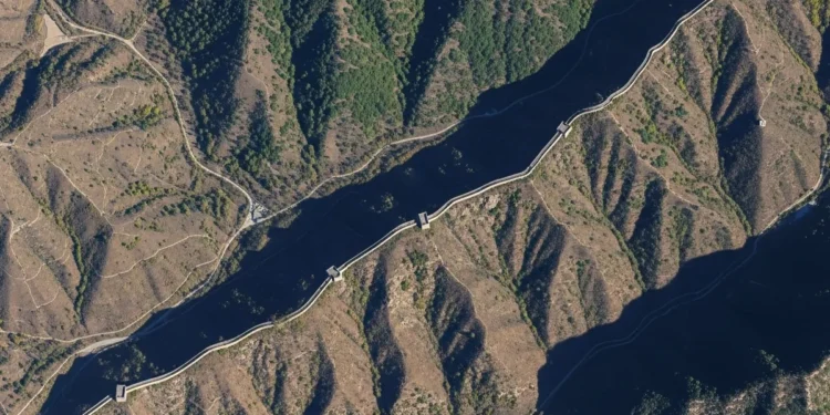 Satellite view showing sections of the Great Wall in landscape context.