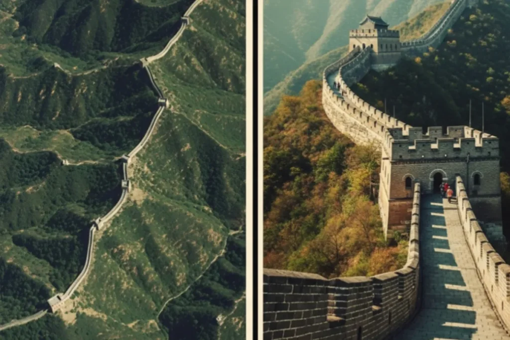 Great Wall Myth: 5 Reasons People Still Say It’s Visible From Space Comparison: satellite image and naked-eye zoom of Great Wall Myth.