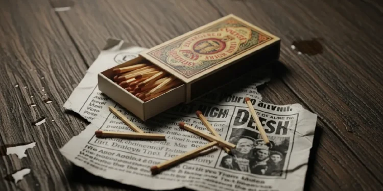 Vintage matchbox spilling matches on torn leaflet