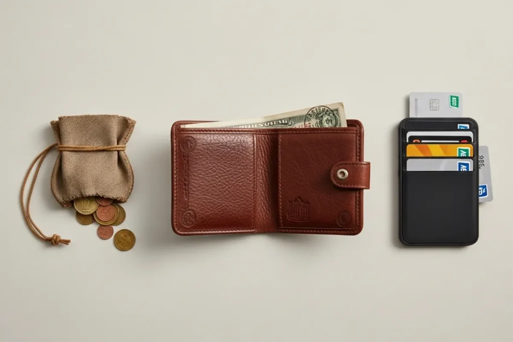 The Wallet That Spoke: The History of the Wallet and the Visible Lines of Wealth Evolution of wallets flat lay.