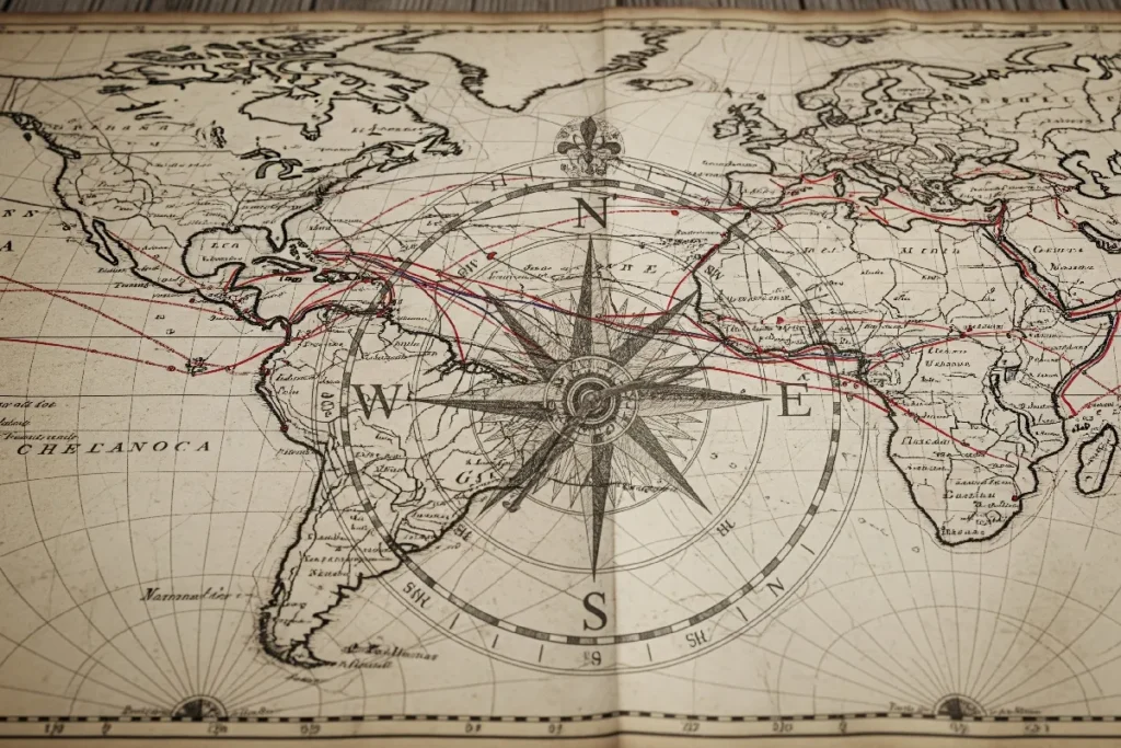 The Compass’s Quiet Betrayal: The History of the Compass, Navigation, and Imperial Routes Compass rose over colonial shipping routes.