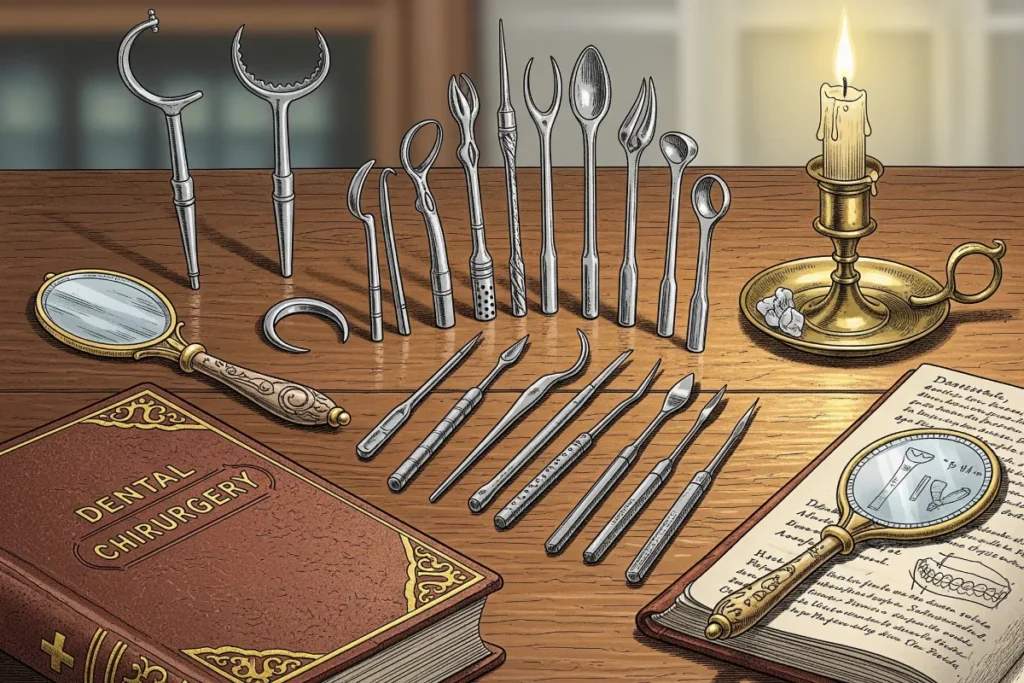 18th-century dental instruments laid out on a table - Washington Wooden Teeth Myth