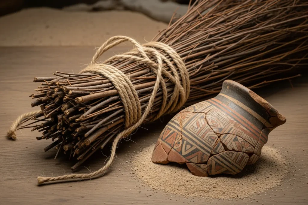 Sweeping Shame and Strength: The History of the Broom That Cleansed Homes — and Bound Beliefs Ancient twig broom next to pottery. History of the Broom.