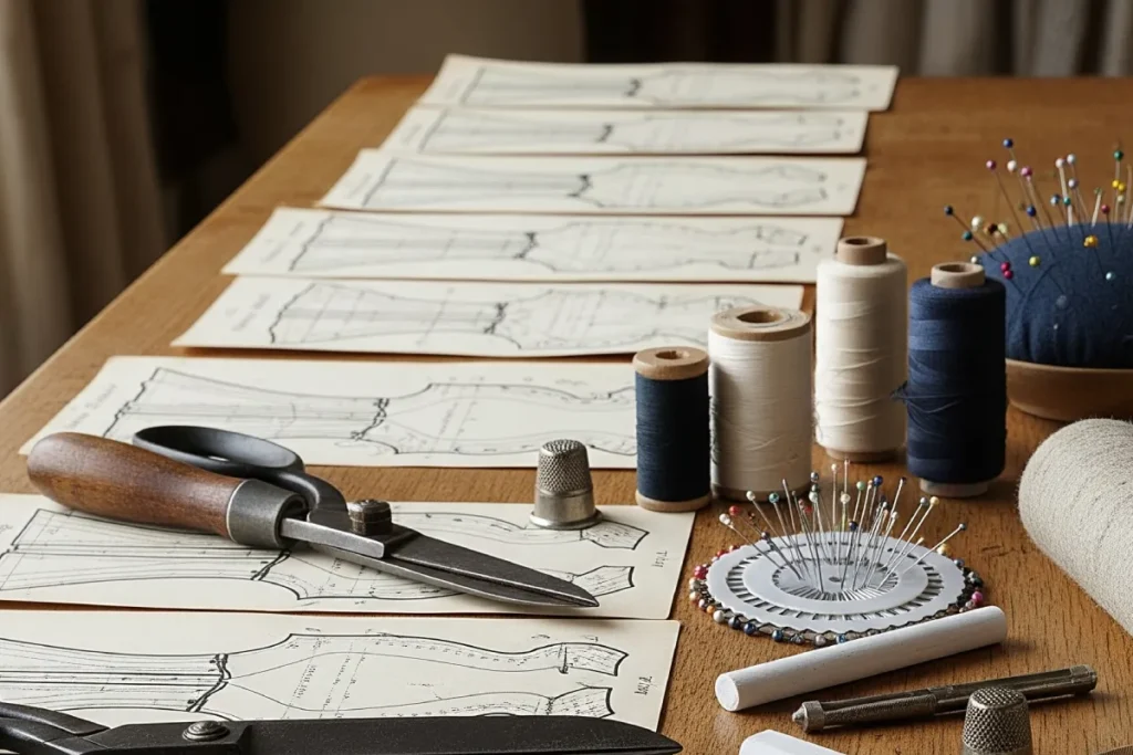 Corset patterns and tailoring tools.
