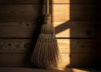 Sorghum broom leaning against cottage wall.