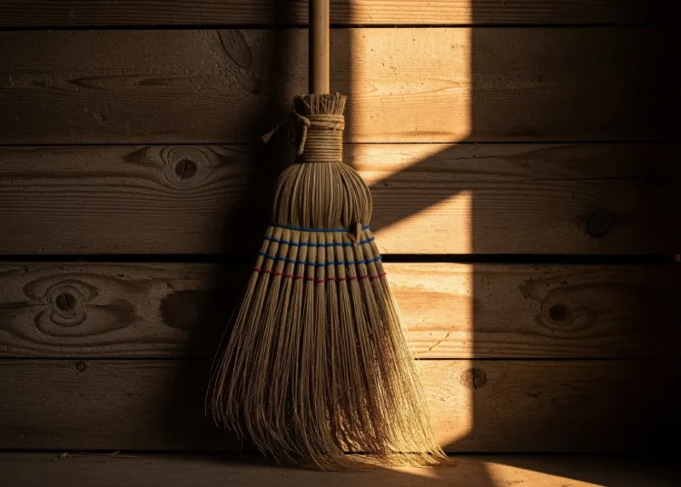 Sorghum broom leaning against cottage wall.