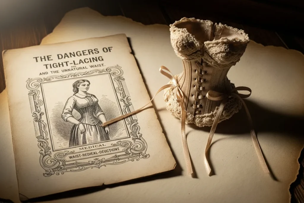 Medical pamphlet and corset on parchment.