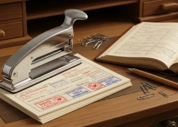 Vintage metal stapler on clerk’s desk - history of the stapler