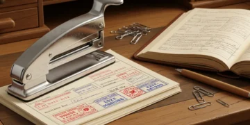 Vintage metal stapler on clerk’s desk - history of the stapler