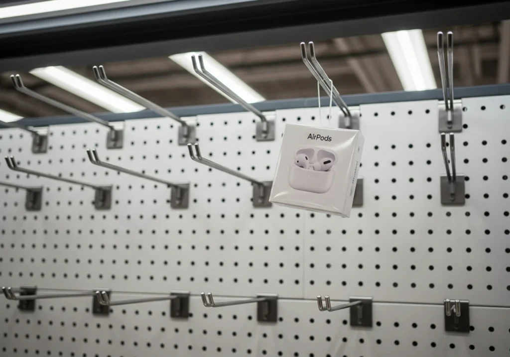 5 Little-Known Origins of AirPods Empty retail hooks with one AirPods box.