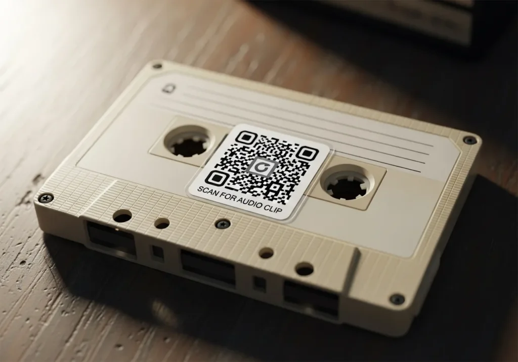 Cassette tape labeled with a QR code.