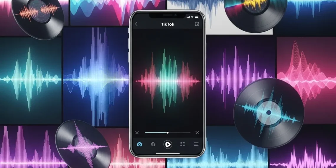 Stylized waveforms and smartphone showing TikTok sounds.