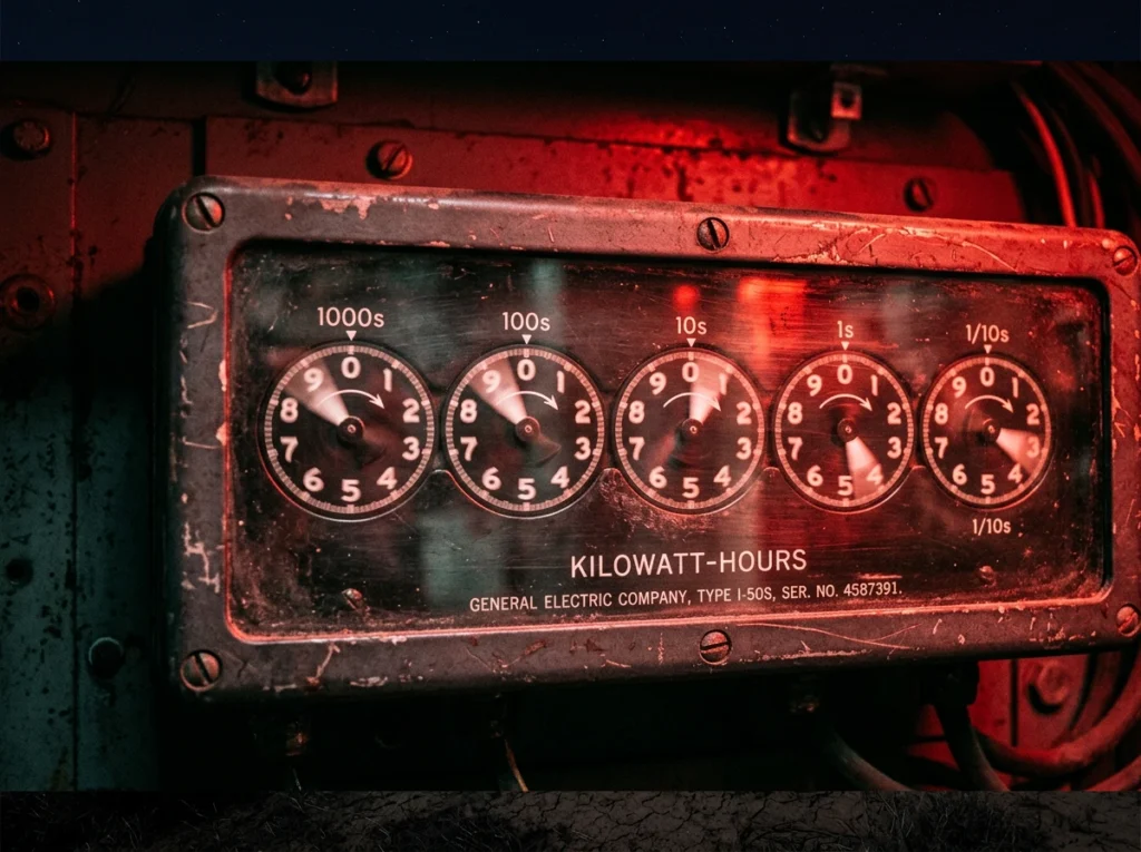 AI Energy Crisis: A power grid meter spinning out of control under a red warning light.