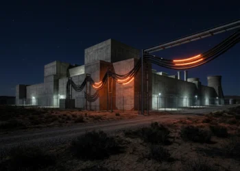 AI Energy Crisis: Glowing cables connecting to a massive AI data center at night.