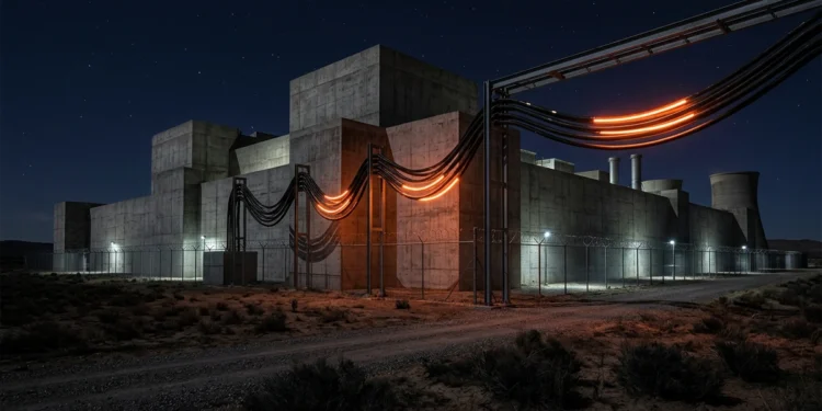 AI Energy Crisis: Glowing cables connecting to a massive AI data center at night.